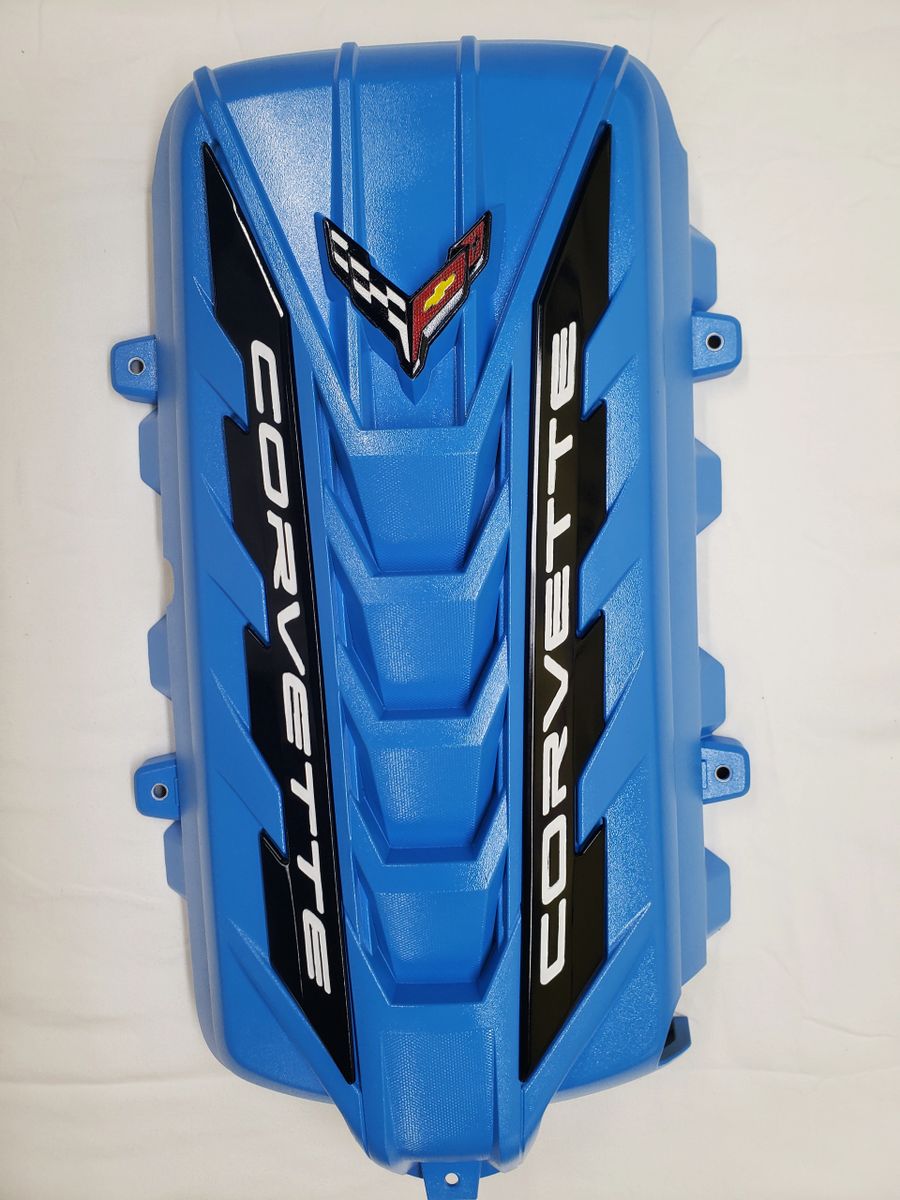 C8 Corvette Engine Cover Rapid Blue with Carbon Flash RailsWhite